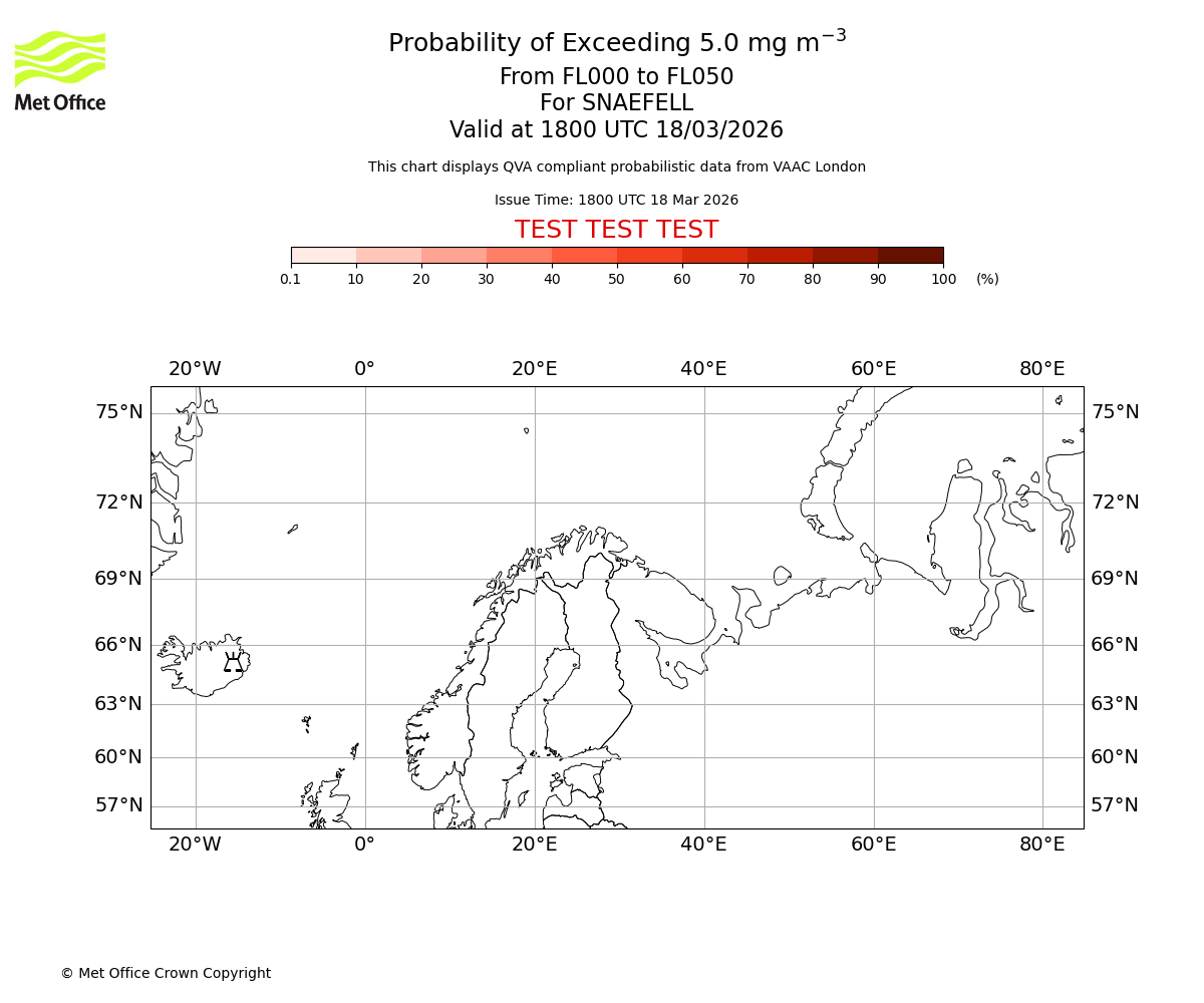 Probability of exceeding 5.0 milligrams per metre cubed. From 000 to 050 for SNAEFELL. Valid at 1800 UTC 18/03/2026