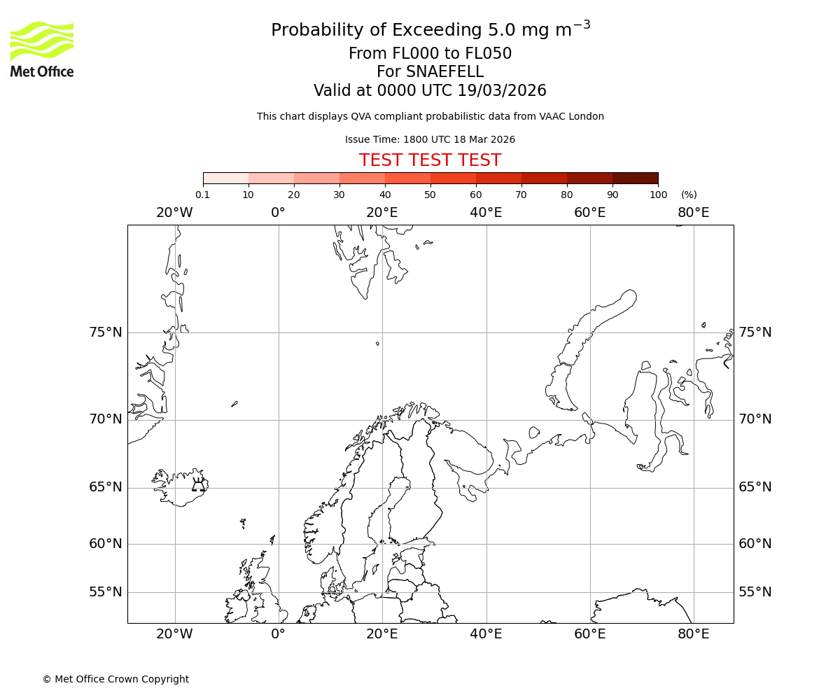 Probability of exceeding 5.0 milligrams per metre cubed. From 000 to 050 for SNAEFELL. Valid at 0000 UTC 19/03/2026