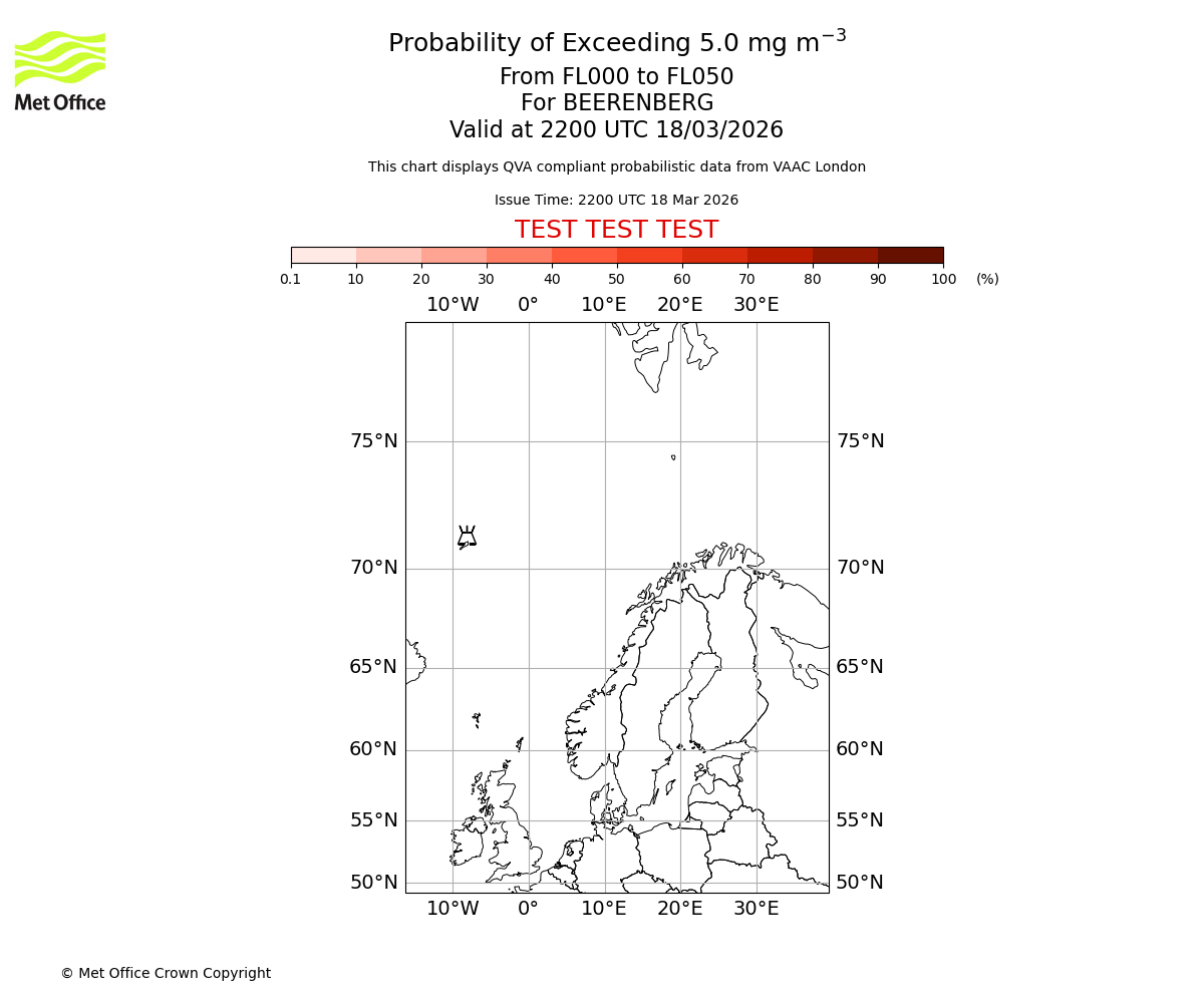 Probability of exceeding 5.0 milligrams per metre cubed. From 000 to 050 for BEERENBERG. Valid at 2200 UTC 18/03/2026