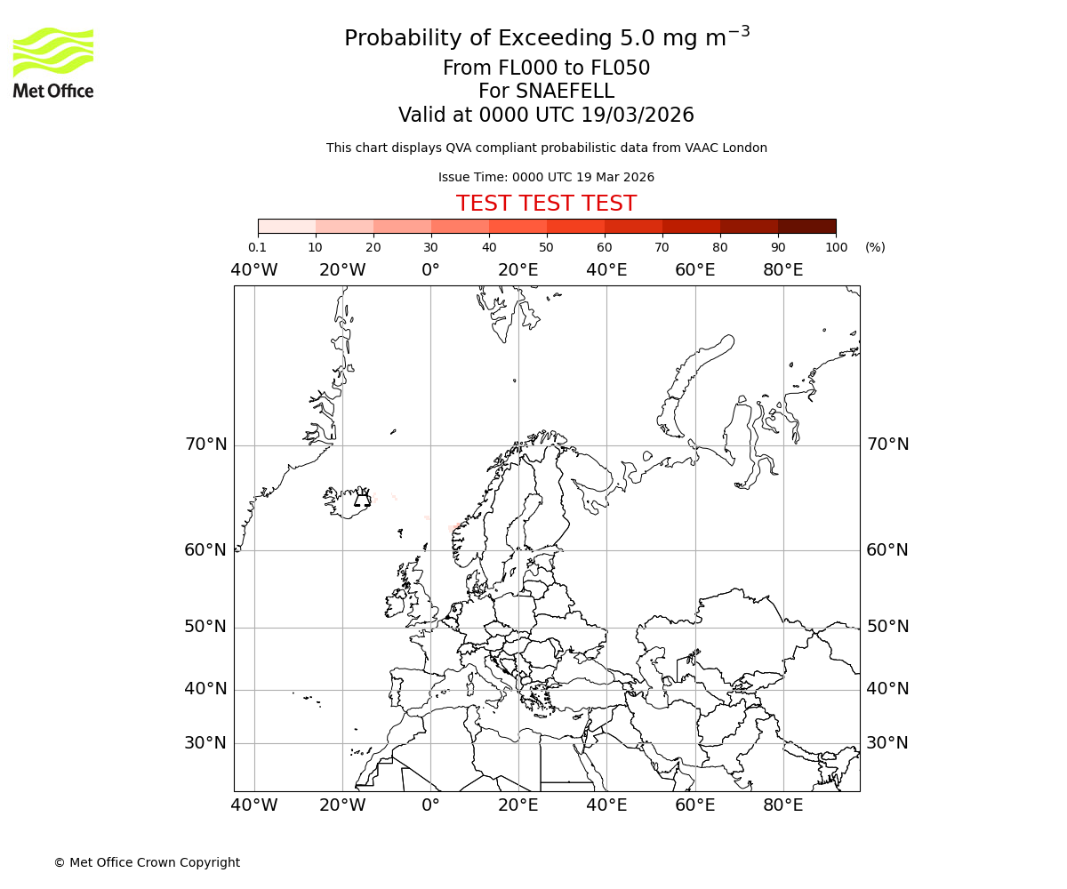 Probability of exceeding 5.0 milligrams per metre cubed. From 000 to 050 for SNAEFELL. Valid at 0000 UTC 19/03/2026