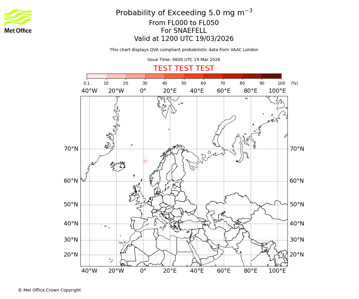 Probability of exceeding 5.0 milligrams per metre cubed. From 000 to 050 for SNAEFELL. Valid at 1200 UTC 19/03/2026