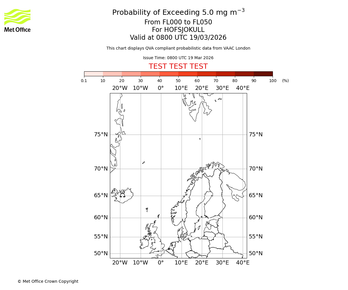Probability of exceeding 5.0 milligrams per metre cubed. From 000 to 050 for HOFSJOKULL. Valid at 0800 UTC 19/03/2026