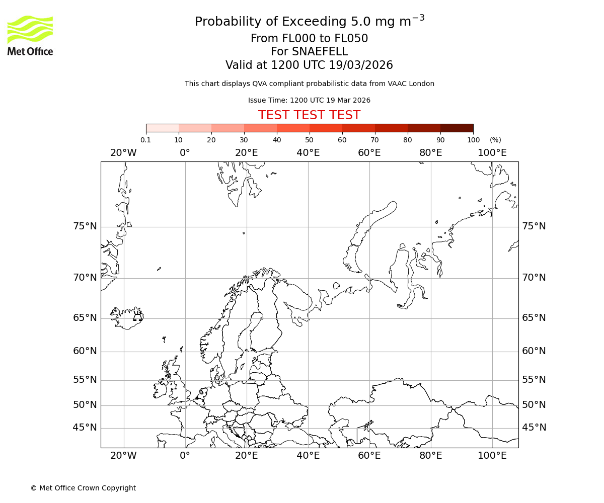 Probability of exceeding 5.0 milligrams per metre cubed. From 000 to 050 for SNAEFELL. Valid at 1200 UTC 19/03/2026