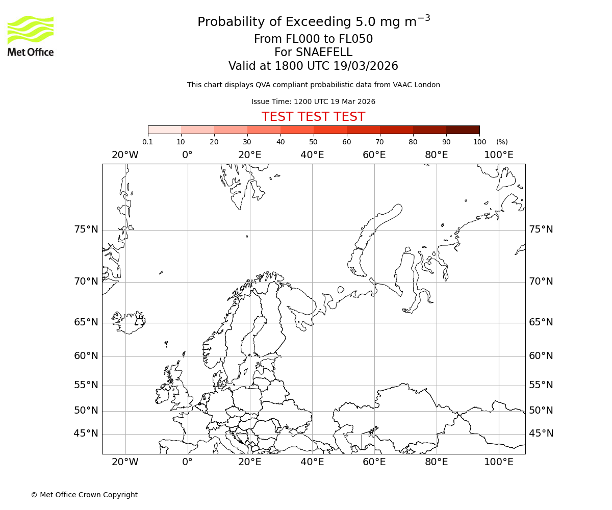 Probability of exceeding 5.0 milligrams per metre cubed. From 000 to 050 for SNAEFELL. Valid at 1800 UTC 19/03/2026