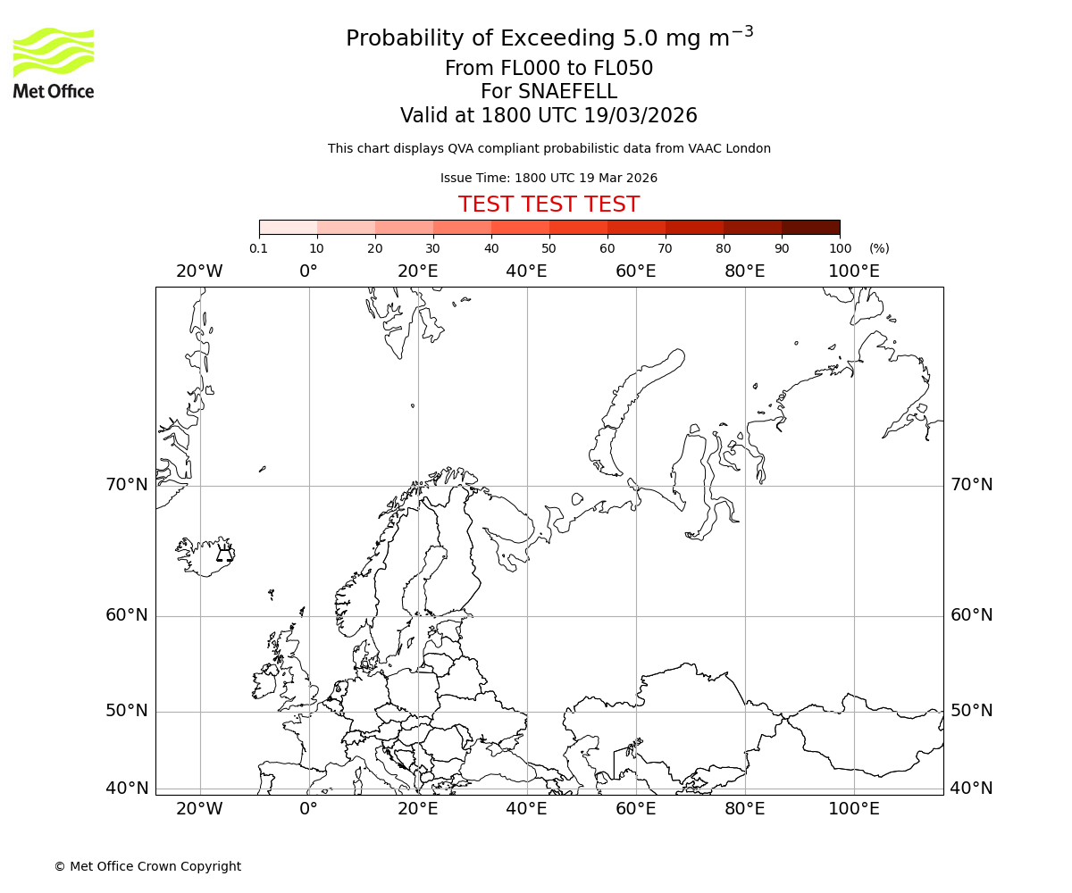 Probability of exceeding 5.0 milligrams per metre cubed. From 000 to 050 for SNAEFELL. Valid at 1800 UTC 19/03/2026