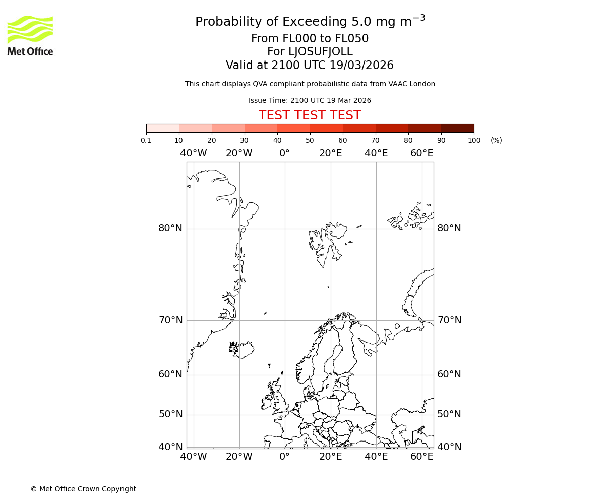 Probability of exceeding 5.0 milligrams per metre cubed. From 000 to 050 for LJOSUFJOLL. Valid at 2100 UTC 19/03/2026