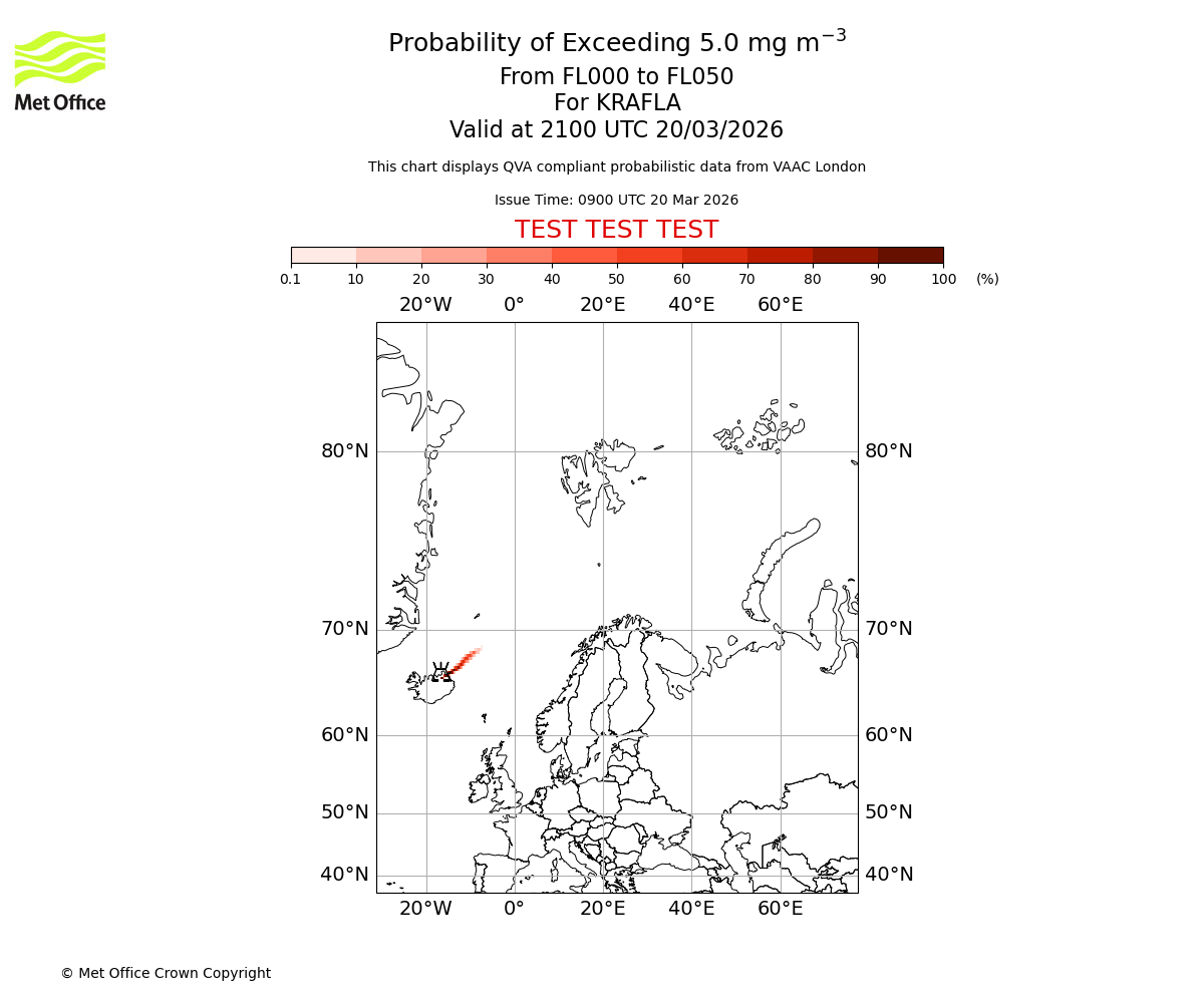 Probability of exceeding 5.0 milligrams per metre cubed. From 000 to 050 for KRAFLA. Valid at 2100 UTC 20/03/2026