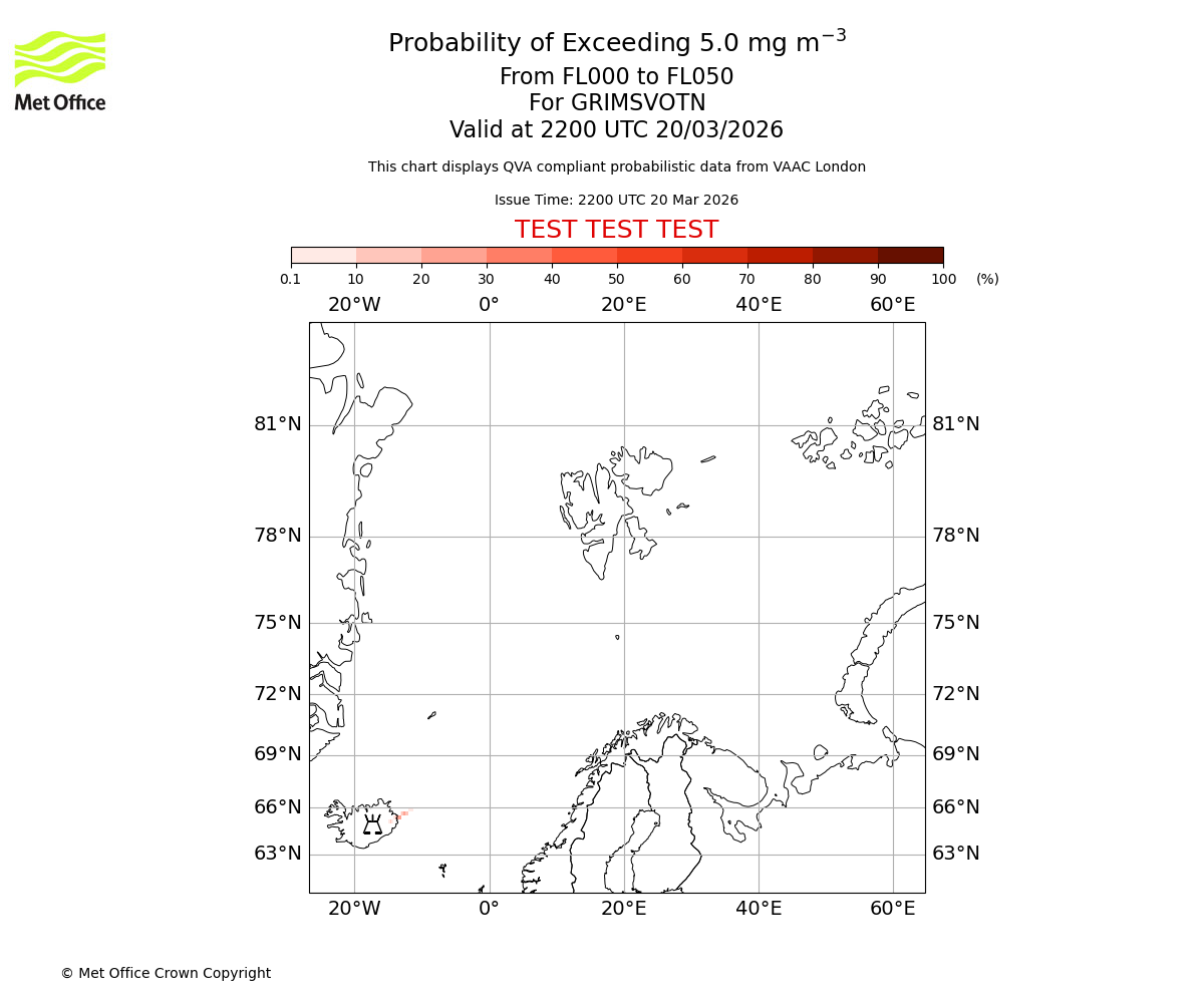 Probability of exceeding 5.0 milligrams per metre cubed. From 000 to 050 for GRIMSVOTN. Valid at 2200 UTC 20/03/2026