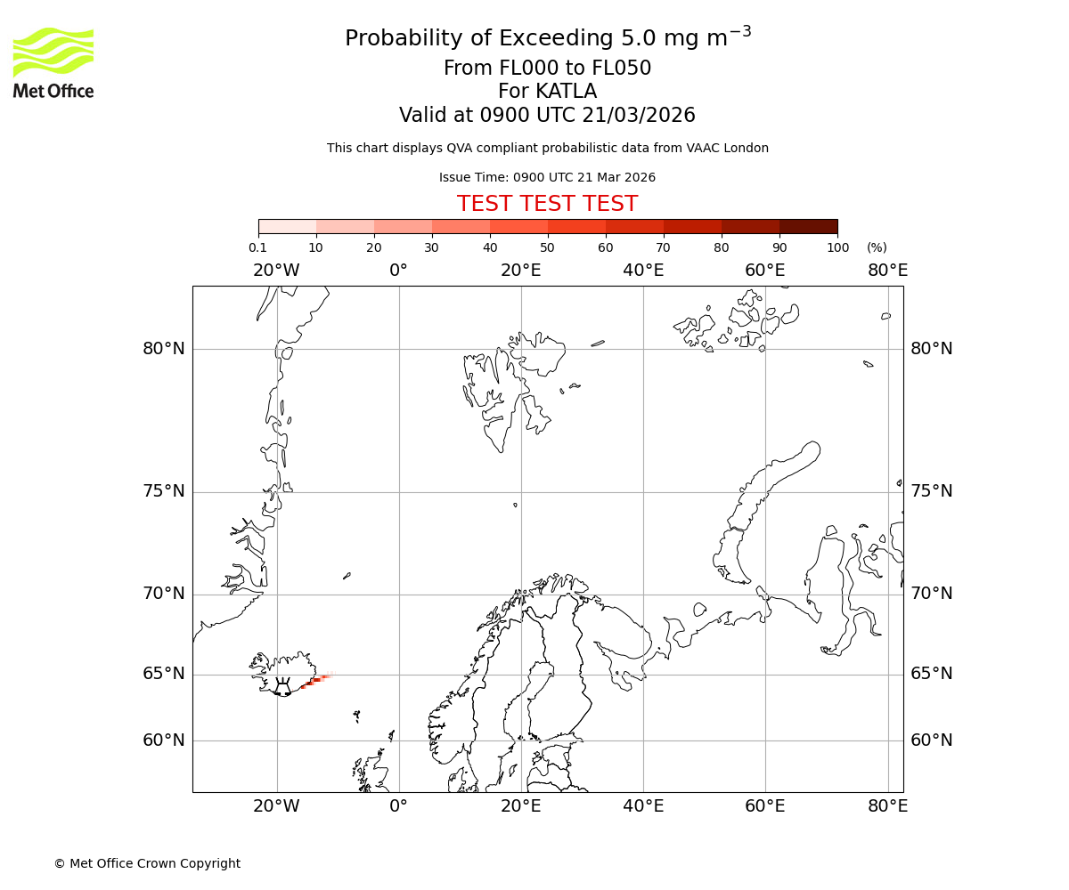 Probability of exceeding 5.0 milligrams per metre cubed. From 000 to 050 for KATLA. Valid at 0900 UTC 21/03/2026