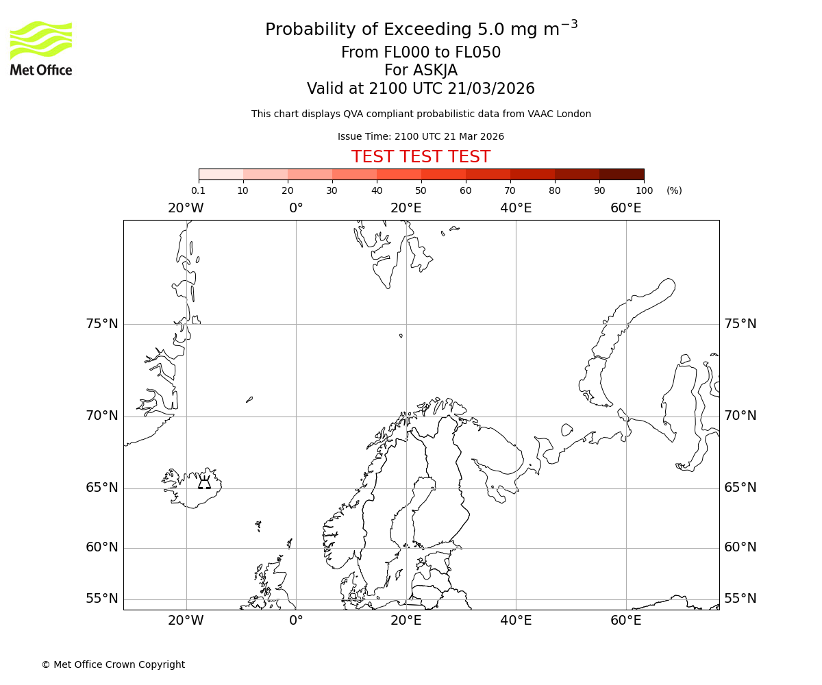Probability of exceeding 5.0 milligrams per metre cubed. From 000 to 050 for ASKJA. Valid at 2100 UTC 21/03/2026