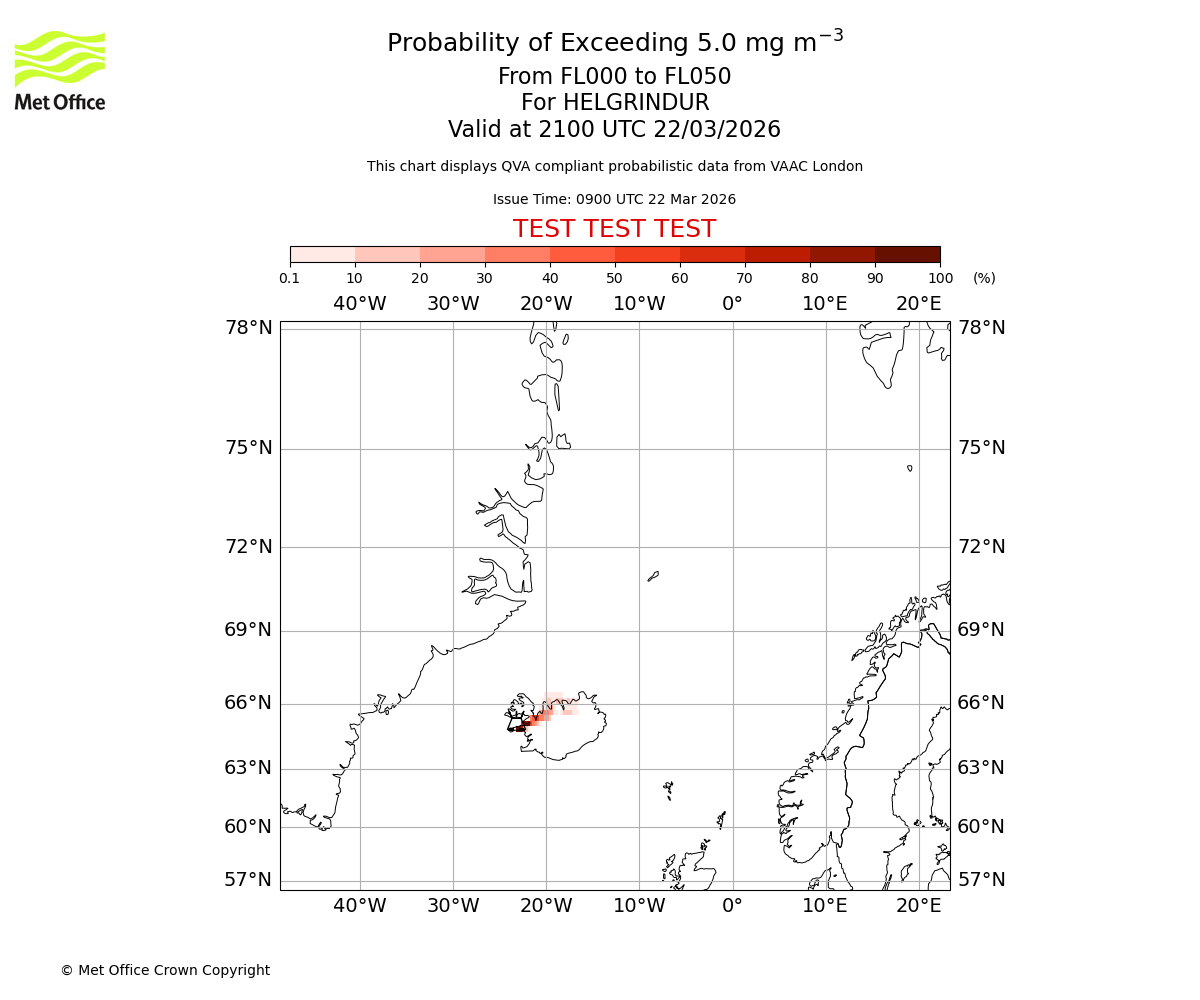 Probability of exceeding 5.0 milligrams per metre cubed. From 000 to 050 for HELGRINDUR. Valid at 2100 UTC 22/03/2026