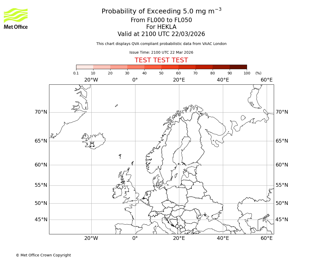 Probability of exceeding 5.0 milligrams per metre cubed. From 000 to 050 for HEKLA. Valid at 2100 UTC 22/03/2026