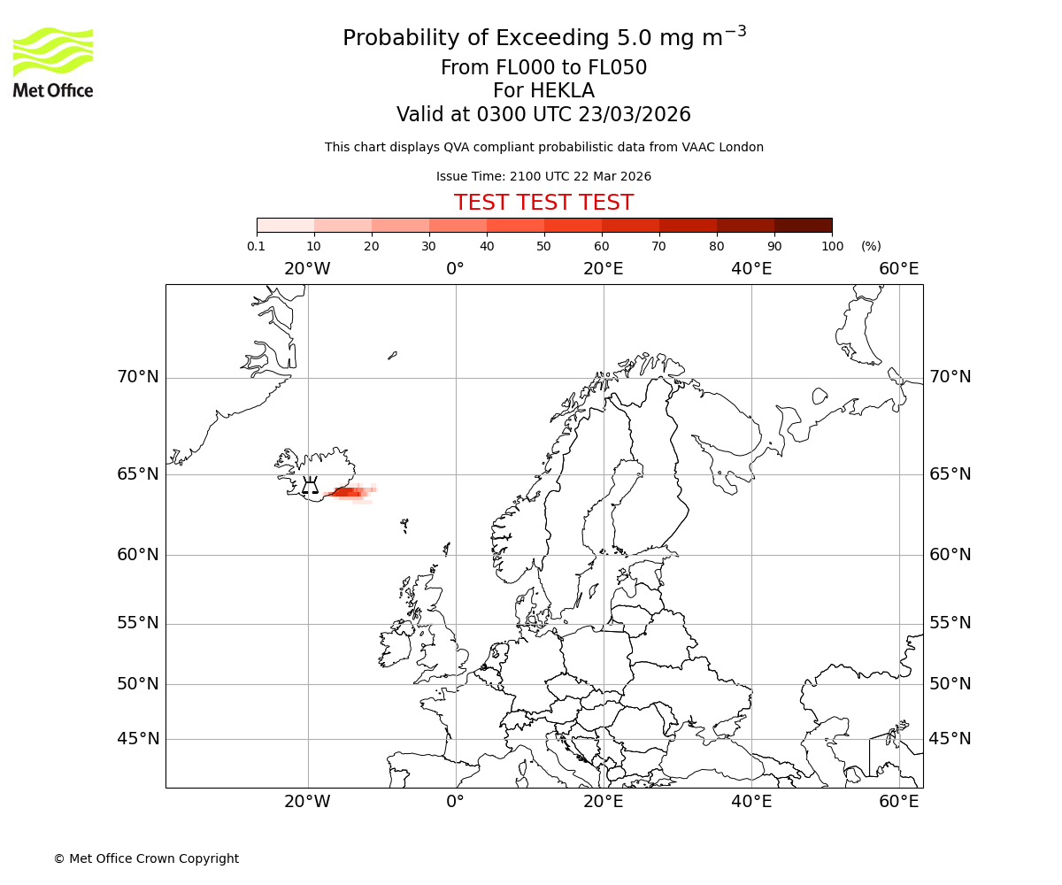 Probability of exceeding 5.0 milligrams per metre cubed. From 000 to 050 for HEKLA. Valid at 0300 UTC 23/03/2026