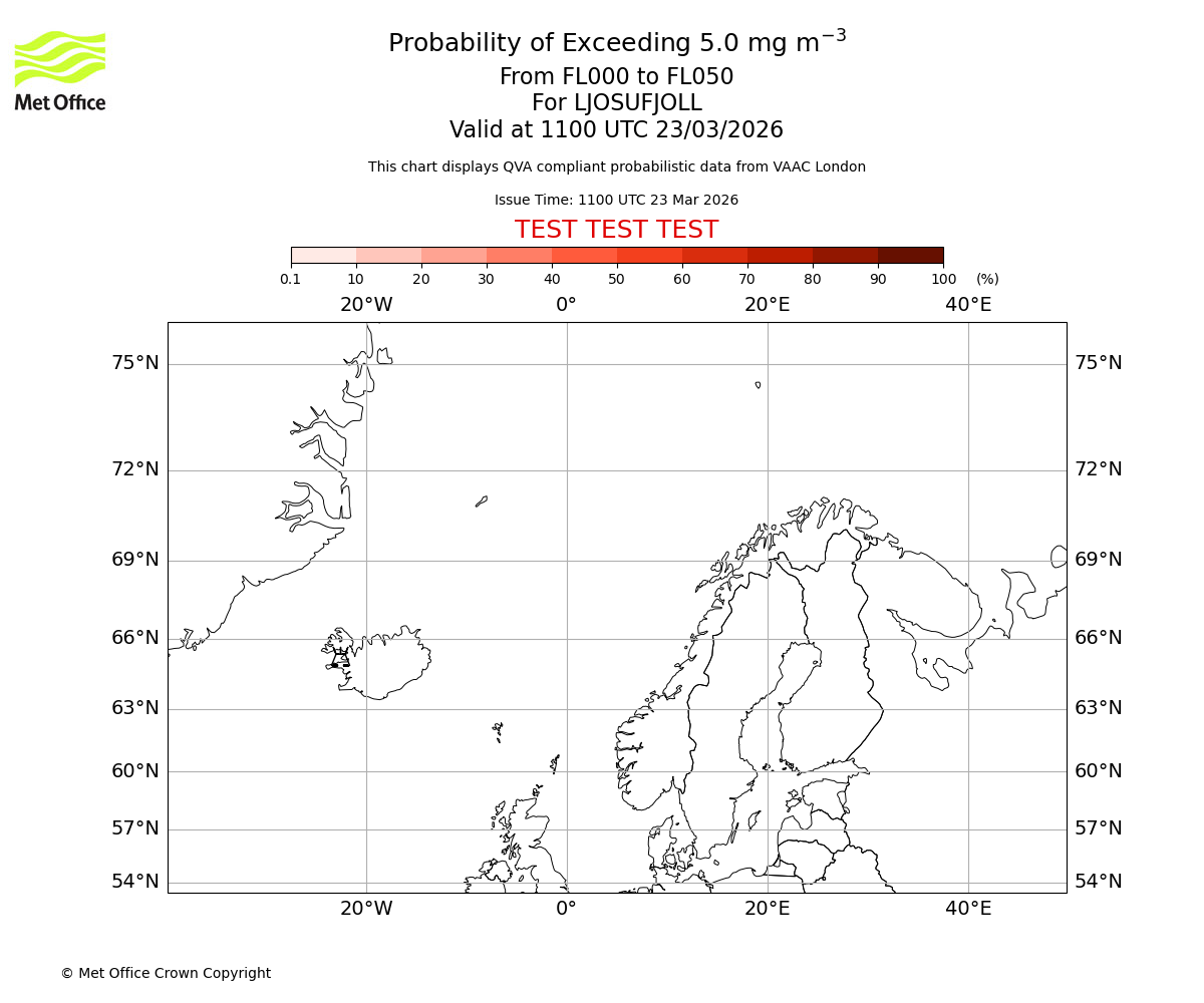 Probability of exceeding 5.0 milligrams per metre cubed. From 000 to 050 for LJOSUFJOLL. Valid at 1100 UTC 23/03/2026