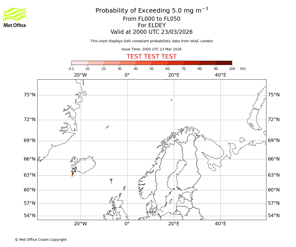 Probability of exceeding 5.0 milligrams per metre cubed. From 000 to 050 for ELDEY. Valid at 2000 UTC 23/03/2026