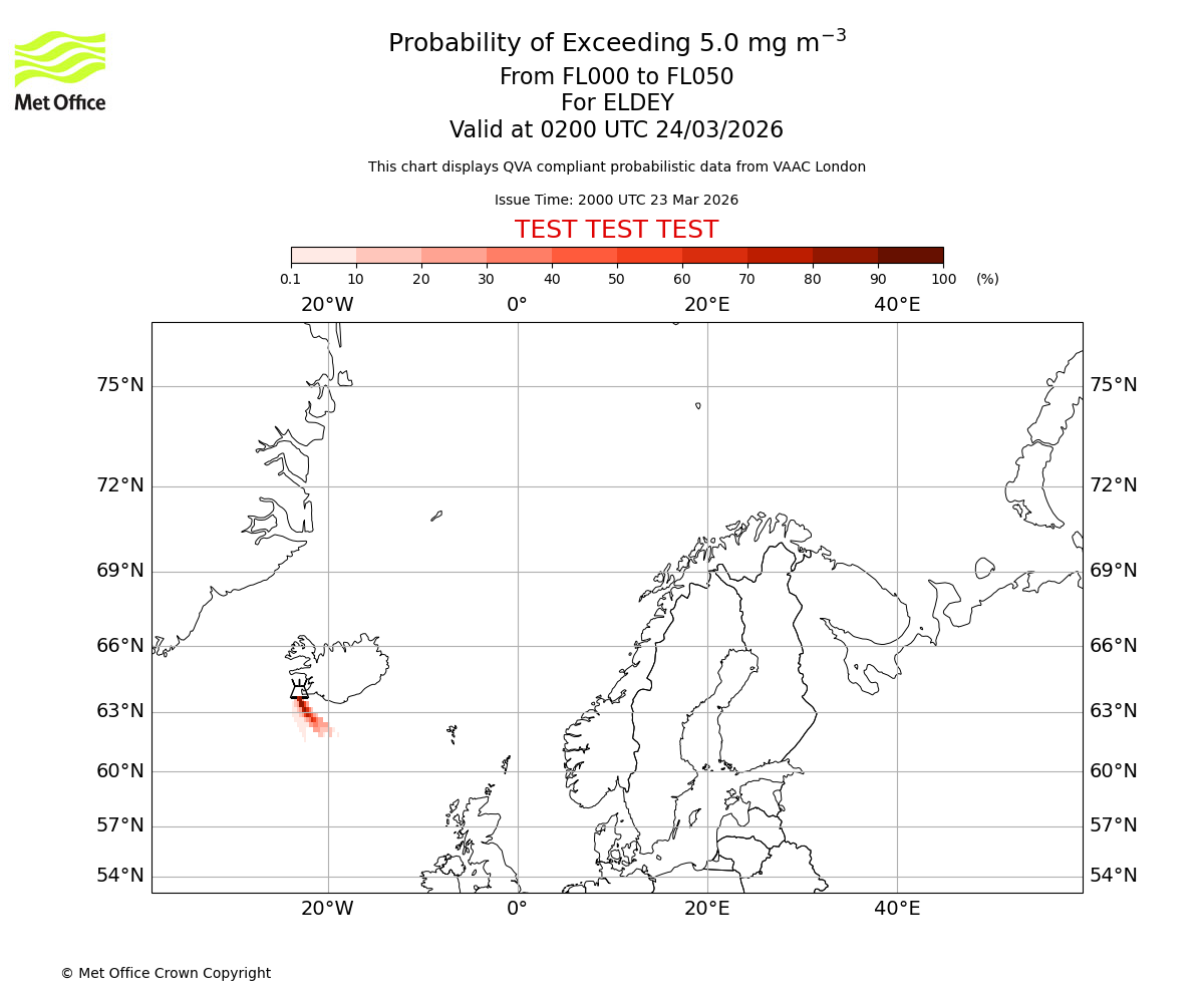 Probability of exceeding 5.0 milligrams per metre cubed. From 000 to 050 for ELDEY. Valid at 0200 UTC 24/03/2026