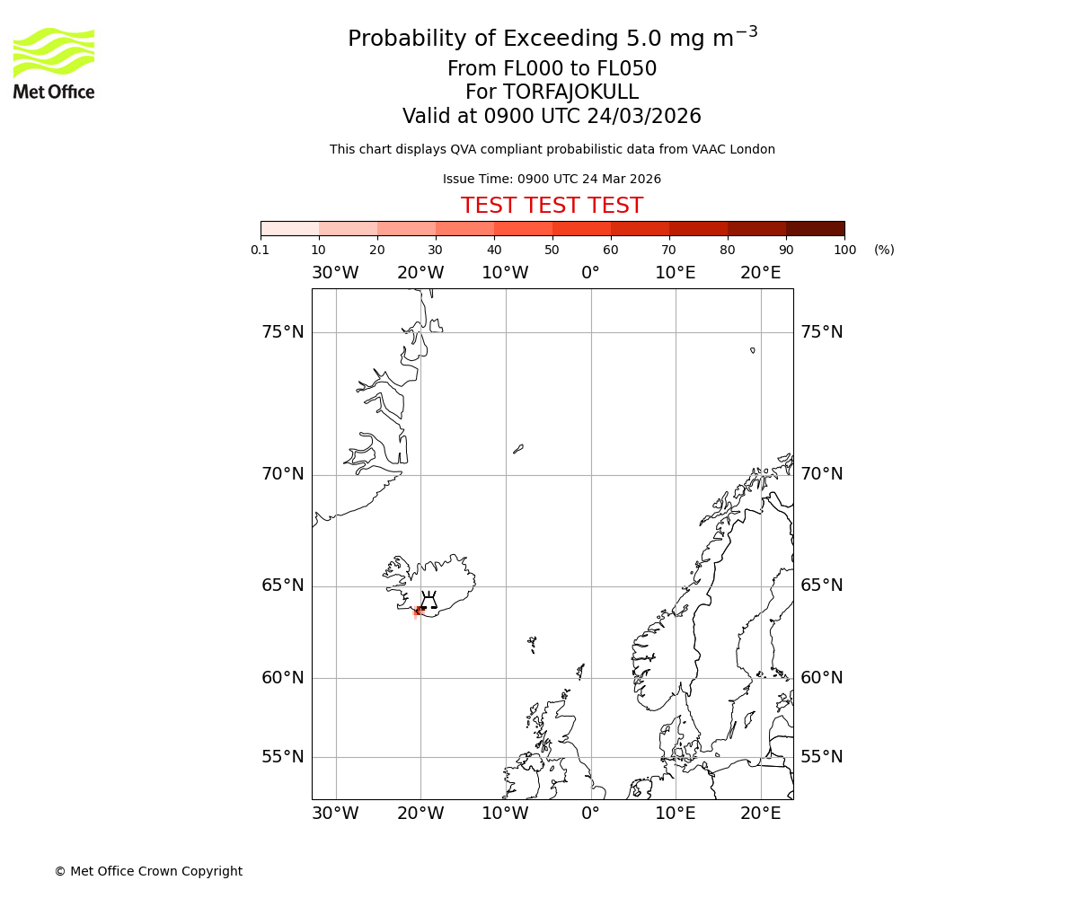 Probability of exceeding 5.0 milligrams per metre cubed. From 000 to 050 for TORFAJOKULL. Valid at 0900 UTC 24/03/2026