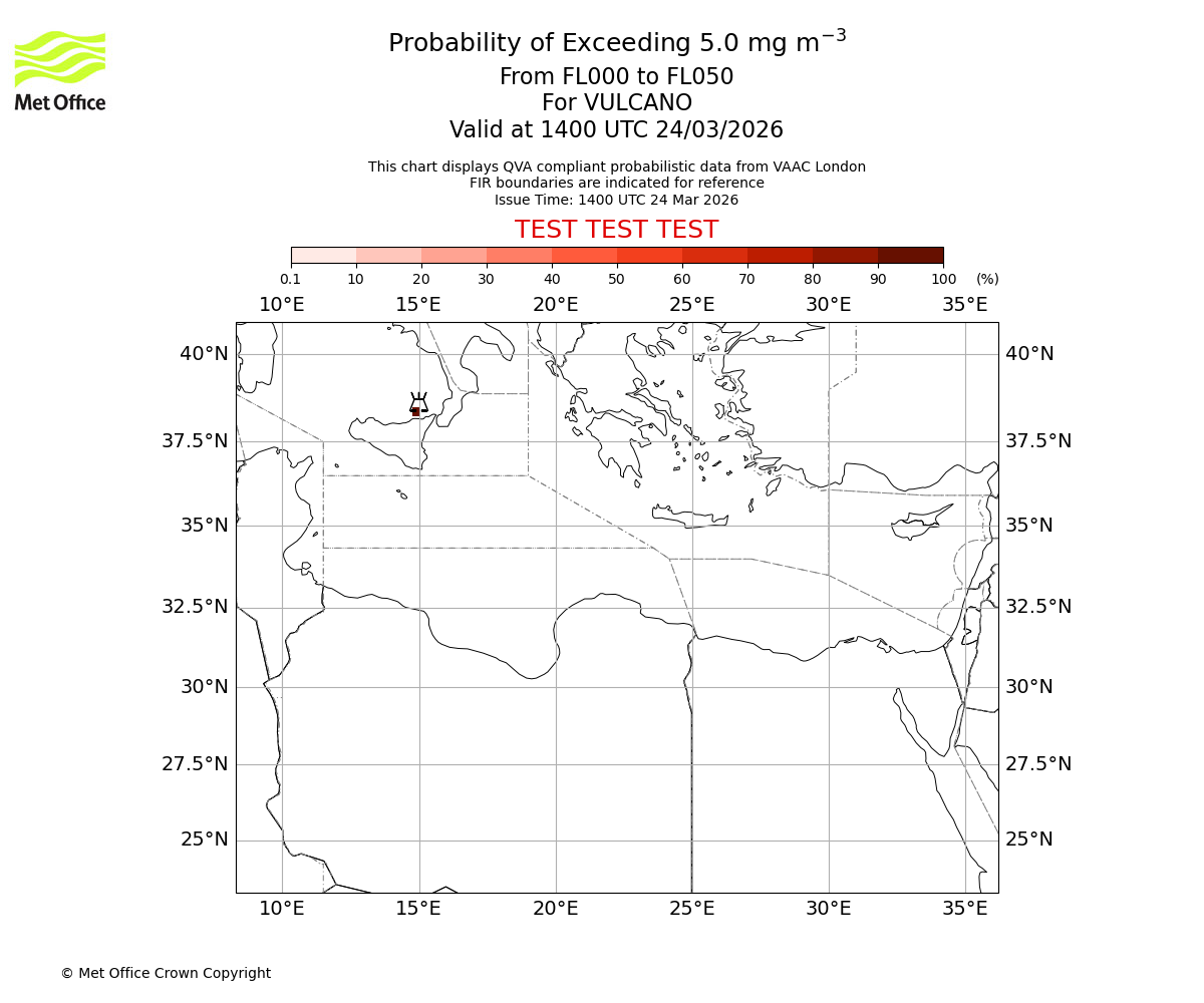 Probability of exceeding 5.0 milligrams per metre cubed. From 000 to 050 for VULCANO. Valid at 1400 UTC 24/03/2026