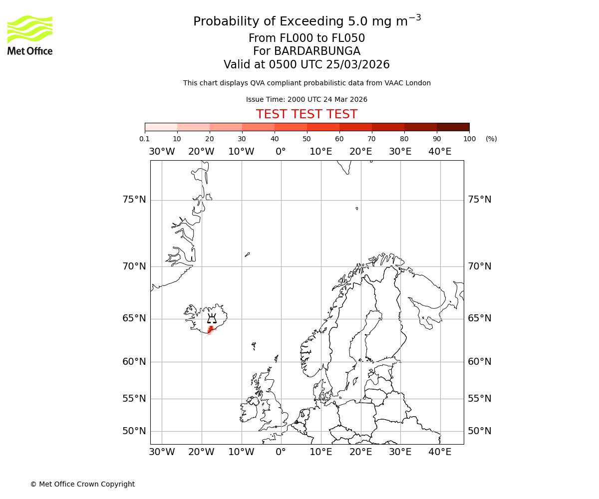 Probability of exceeding 5.0 milligrams per metre cubed. From 000 to 050 for BARDARBUNGA. Valid at 0500 UTC 25/03/2026