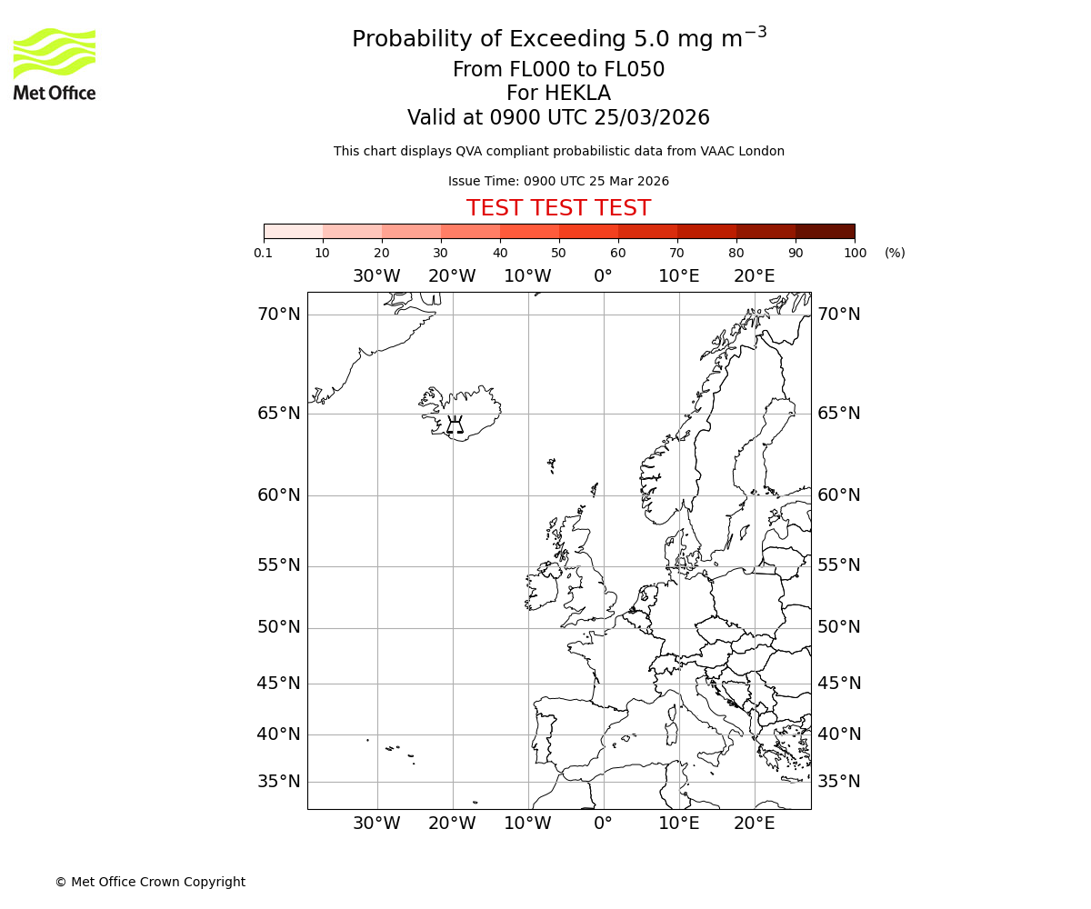 Probability of exceeding 5.0 milligrams per metre cubed. From 000 to 050 for HEKLA. Valid at 0900 UTC 25/03/2026