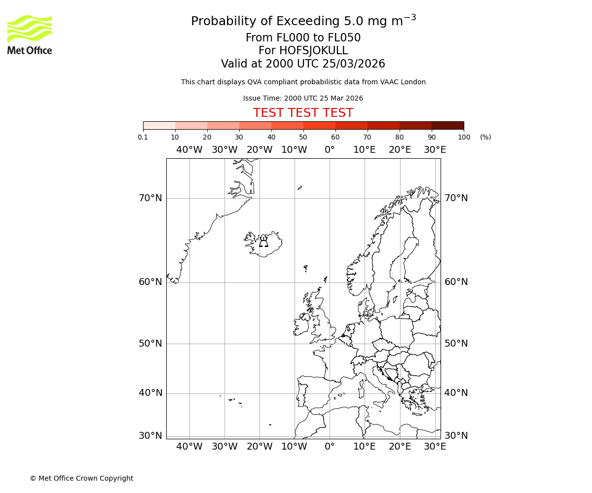 Probability of exceeding 5.0 milligrams per metre cubed. From 000 to 050 for HOFSJOKULL. Valid at 2000 UTC 25/03/2026