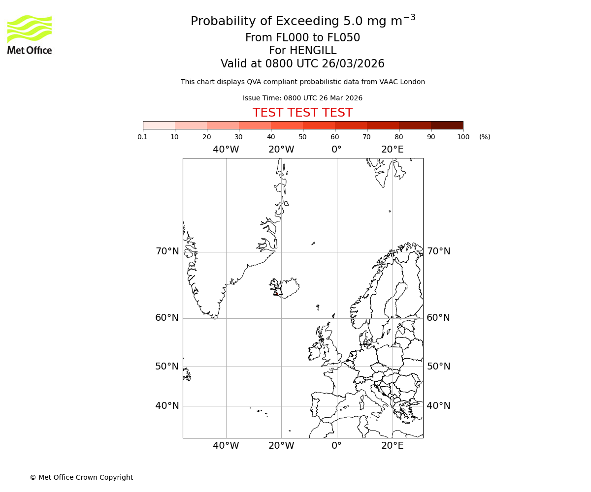 Probability of exceeding 5.0 milligrams per metre cubed. From 000 to 050 for HENGILL. Valid at 0800 UTC 26/03/2026