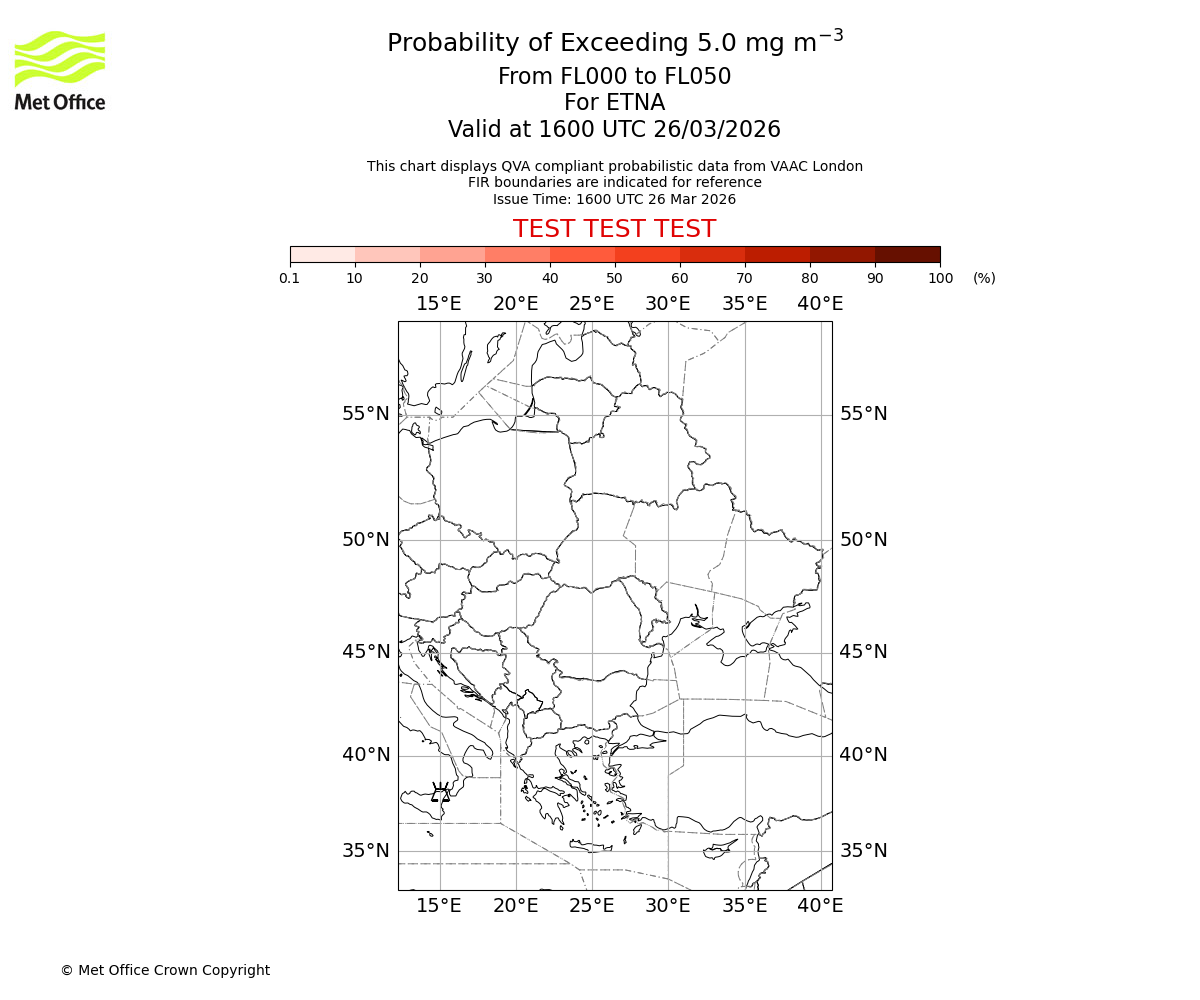 Probability of exceeding 5.0 milligrams per metre cubed. From 000 to 050 for ETNA. Valid at 1600 UTC 26/03/2026