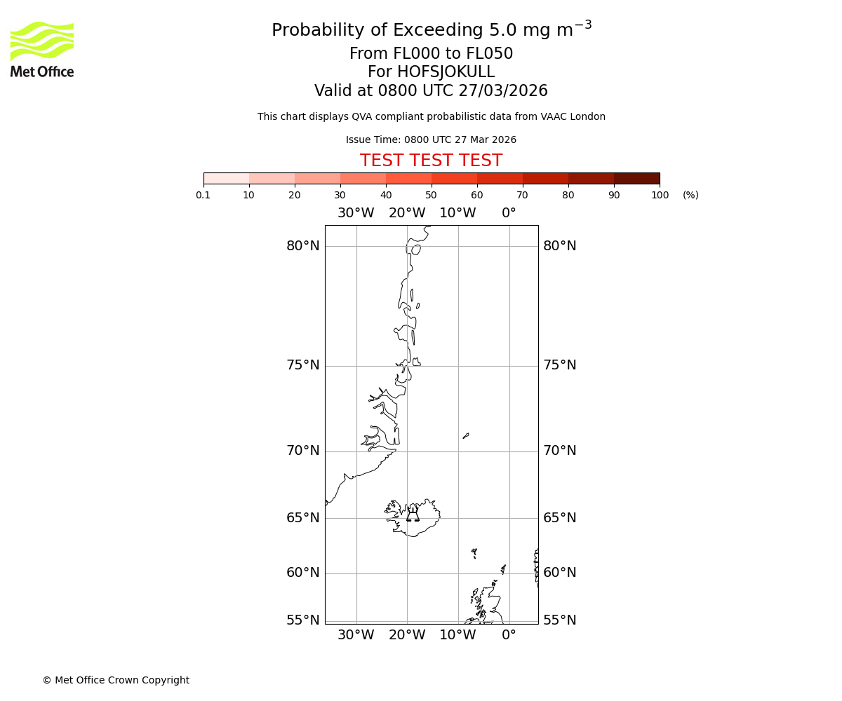 Probability of exceeding 5.0 milligrams per metre cubed. From 000 to 050 for HOFSJOKULL. Valid at 0800 UTC 27/03/2026