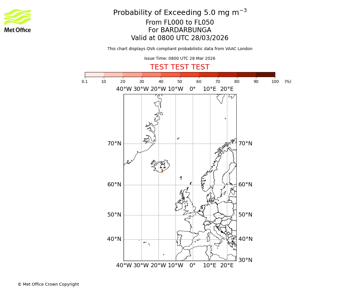 Probability of exceeding 5.0 milligrams per metre cubed. From 000 to 050 for BARDARBUNGA. Valid at 0800 UTC 28/03/2026