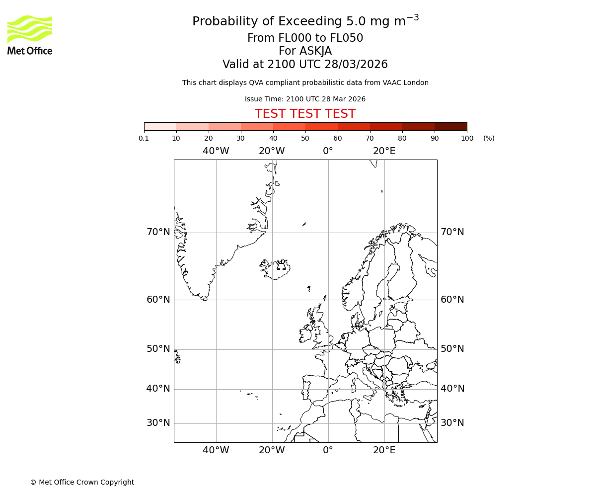 Probability of exceeding 5.0 milligrams per metre cubed. From 000 to 050 for ASKJA. Valid at 2100 UTC 28/03/2026