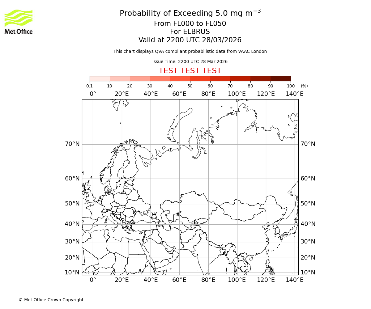 Probability of exceeding 5.0 milligrams per metre cubed. From 000 to 050 for ELBRUS. Valid at 2200 UTC 28/03/2026