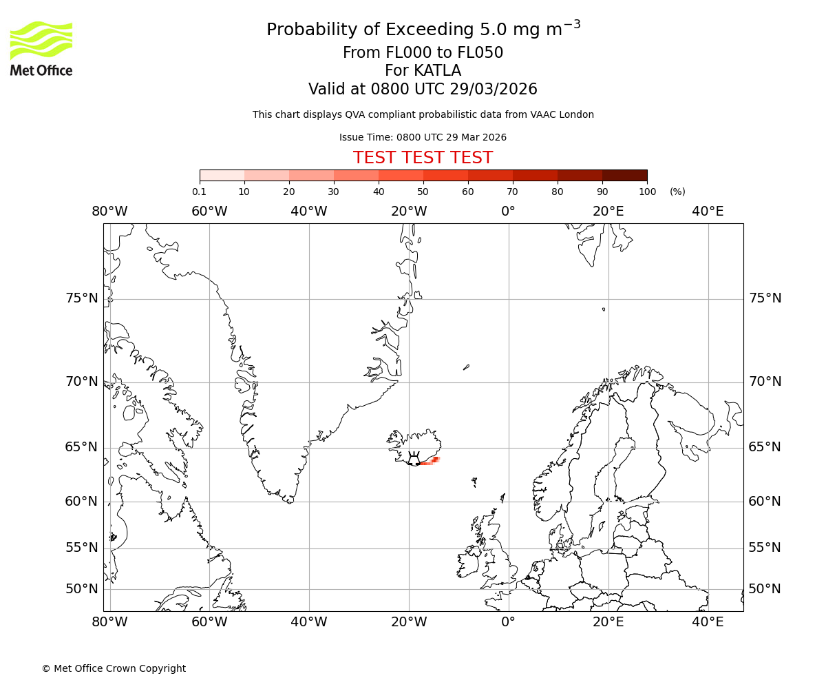 Probability of exceeding 5.0 milligrams per metre cubed. From 000 to 050 for KATLA. Valid at 0800 UTC 29/03/2026