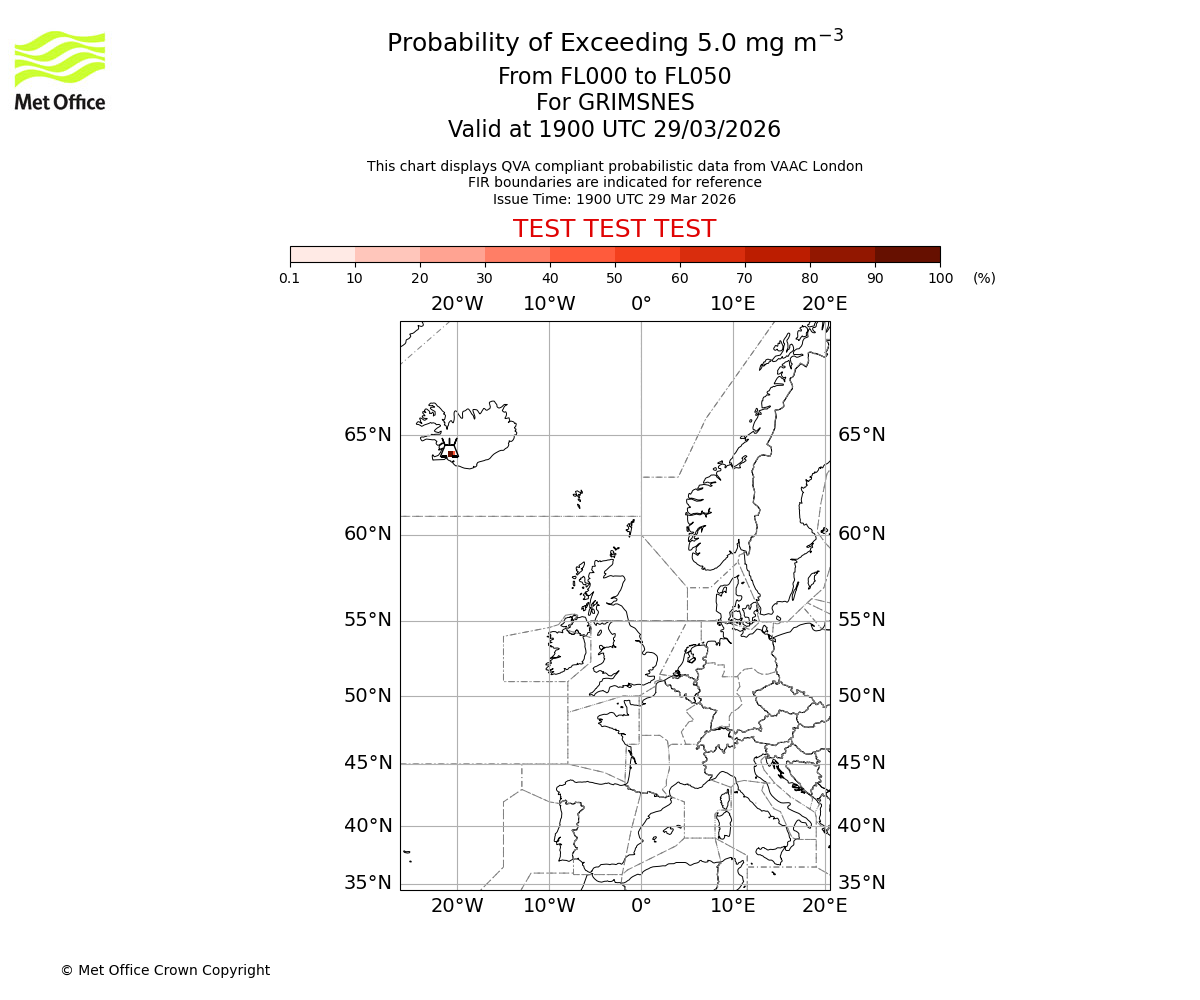 Probability of exceeding 5.0 milligrams per metre cubed. From 000 to 050 for GRIMSNES. Valid at 1900 UTC 29/03/2026