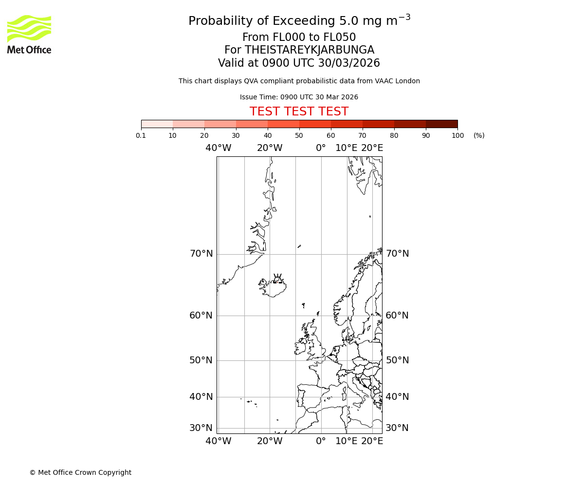 Probability of exceeding 5.0 milligrams per metre cubed. From 000 to 050 for THEISTAREYKJARBUNGA. Valid at 0900 UTC 30/03/2026