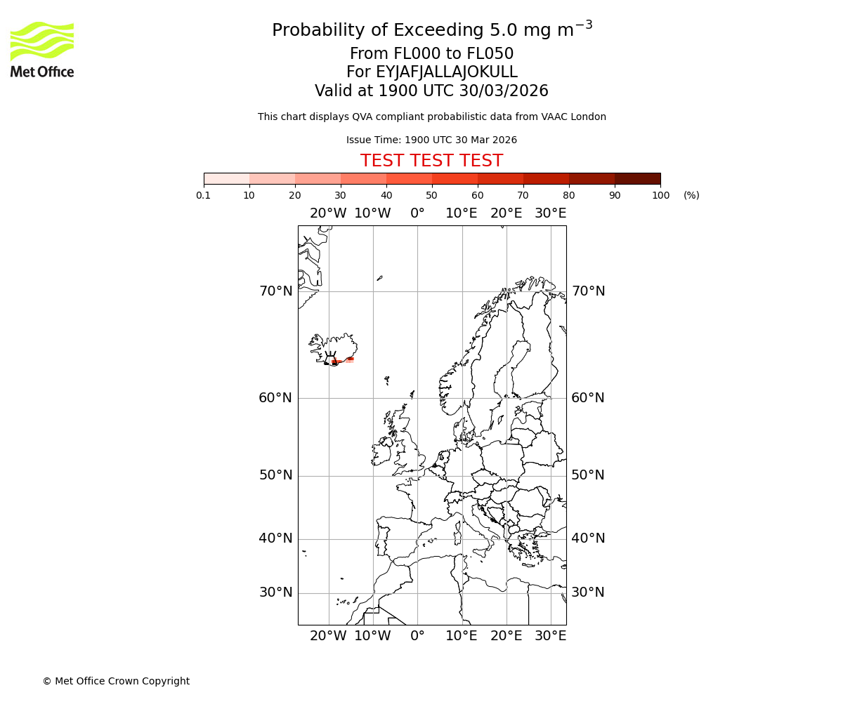 Probability of exceeding 5.0 milligrams per metre cubed. From 000 to 050 for EYJAFJALLAJOKULL. Valid at 1900 UTC 30/03/2026