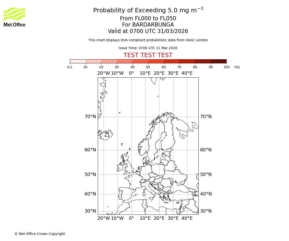 Probability of exceeding 5.0 milligrams per metre cubed. From 000 to 050 for BARDARBUNGA. Valid at 0700 UTC 31/03/2026