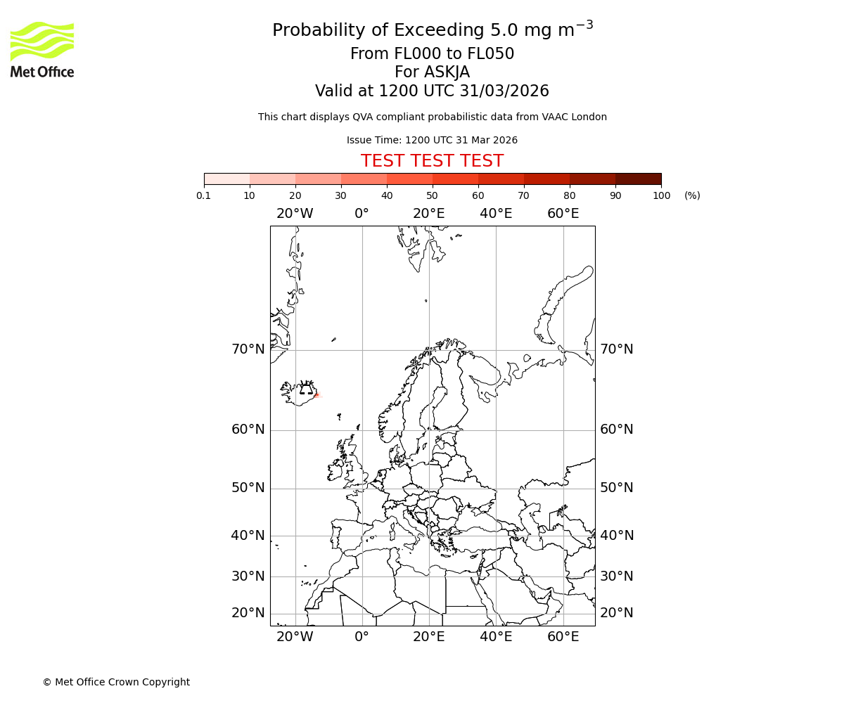 Probability of exceeding 5.0 milligrams per metre cubed. From 000 to 050 for ASKJA. Valid at 1200 UTC 31/03/2026