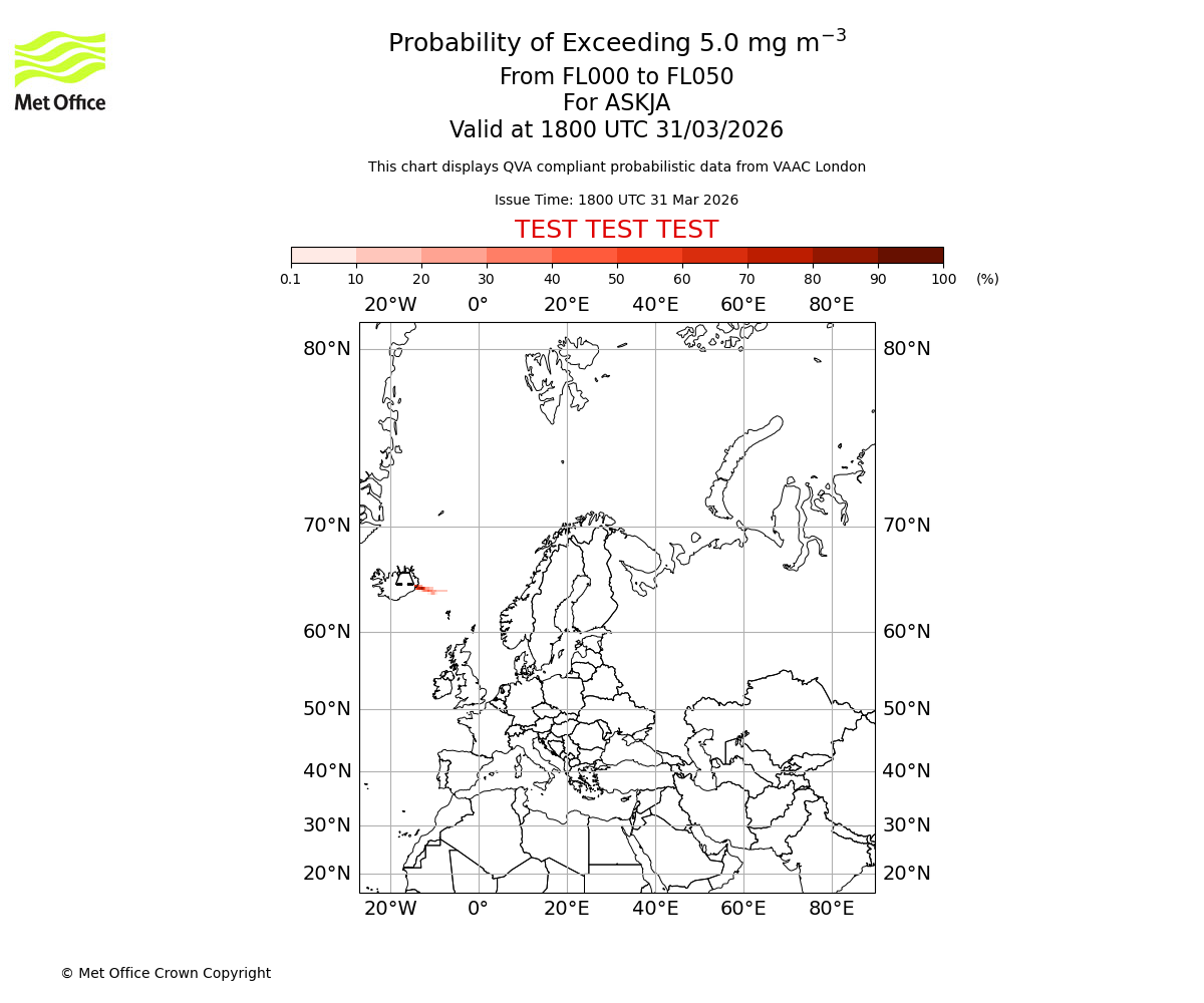Probability of exceeding 5.0 milligrams per metre cubed. From 000 to 050 for ASKJA. Valid at 1800 UTC 31/03/2026