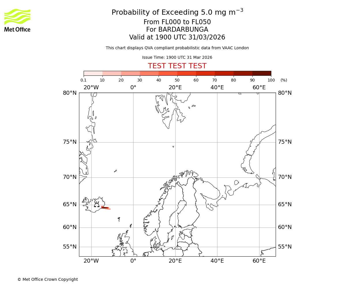 Probability of exceeding 5.0 milligrams per metre cubed. From 000 to 050 for BARDARBUNGA. Valid at 1900 UTC 31/03/2026