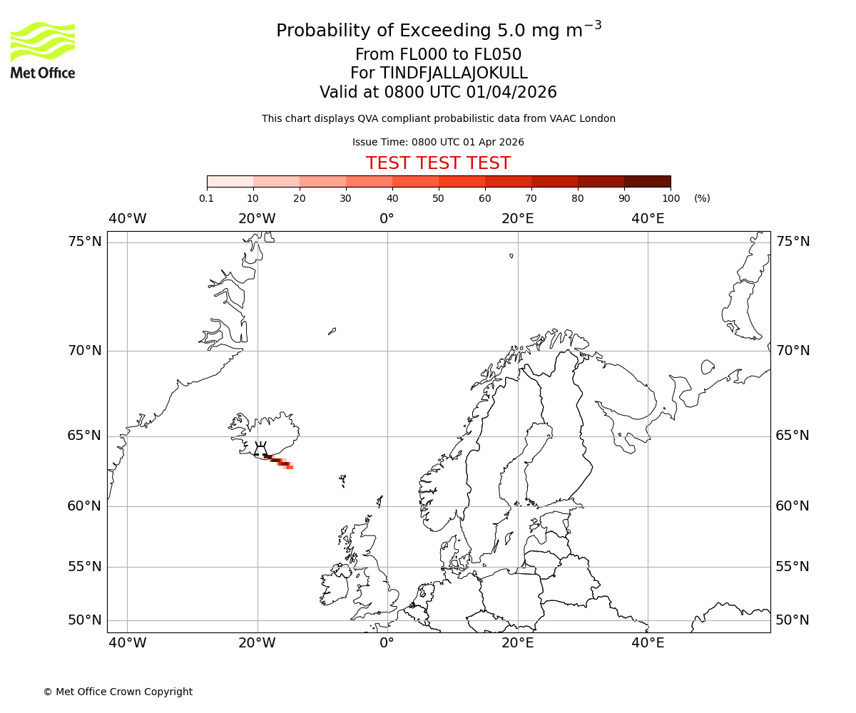 Probability of exceeding 5.0 milligrams per metre cubed. From 000 to 050 for TINDFJALLAJOKULL. Valid at 0800 UTC 01/04/2026