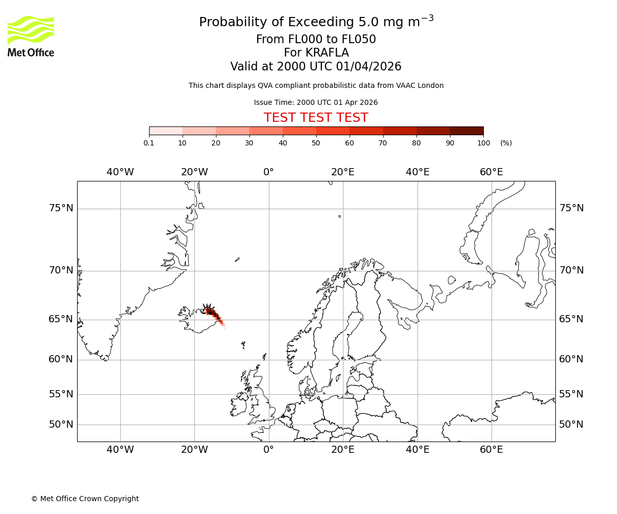 Probability of exceeding 5.0 milligrams per metre cubed. From 000 to 050 for KRAFLA. Valid at 2000 UTC 01/04/2026