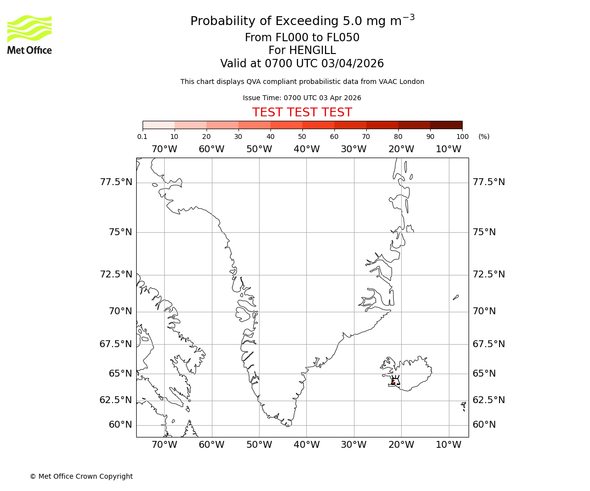 Probability of exceeding 5.0 milligrams per metre cubed. From 000 to 050 for HENGILL. Valid at 0700 UTC 03/04/2026