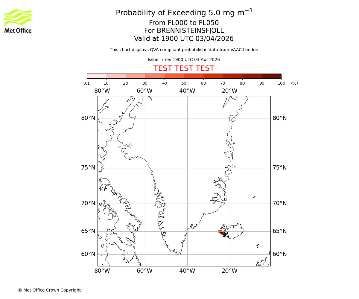 Probability of exceeding 5.0 milligrams per metre cubed. From 000 to 050 for BRENNISTEINSFJOLL. Valid at 1900 UTC 03/04/2026