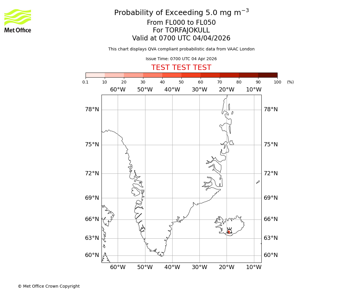 Probability of exceeding 5.0 milligrams per metre cubed. From 000 to 050 for TORFAJOKULL. Valid at 0700 UTC 04/04/2026