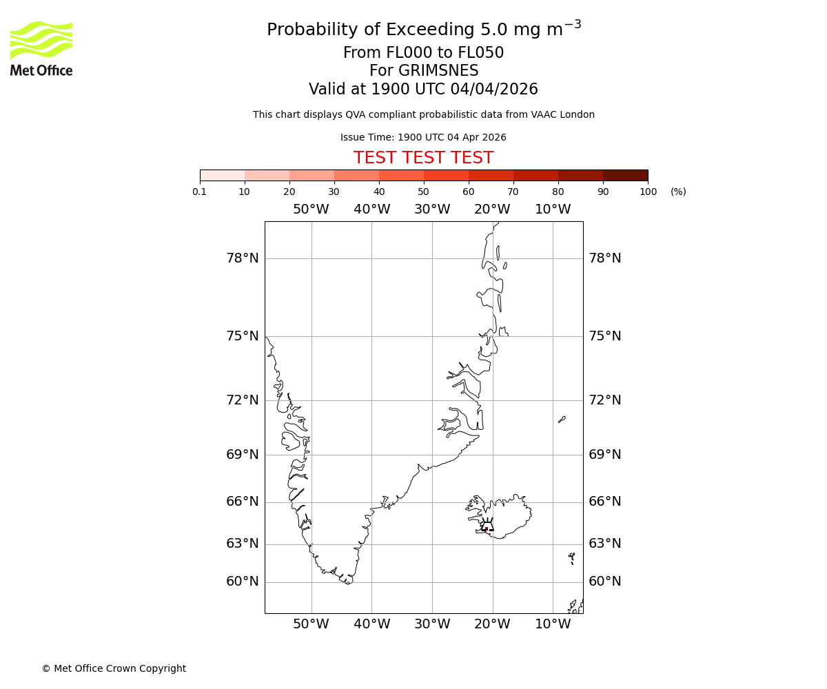 Probability of exceeding 5.0 milligrams per metre cubed. From 000 to 050 for GRIMSNES. Valid at 1900 UTC 04/04/2026