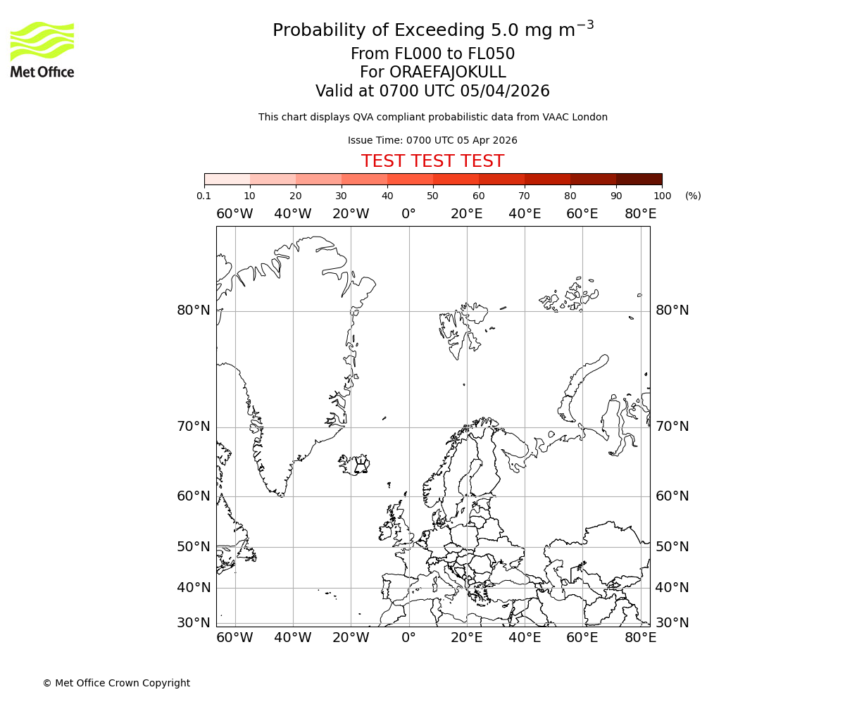 Probability of exceeding 5.0 milligrams per metre cubed. From 000 to 050 for ORAEFAJOKULL. Valid at 0700 UTC 05/04/2026