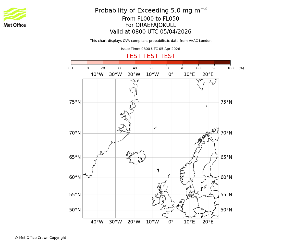 Probability of exceeding 5.0 milligrams per metre cubed. From 000 to 050 for ORAEFAJOKULL. Valid at 0800 UTC 05/04/2026