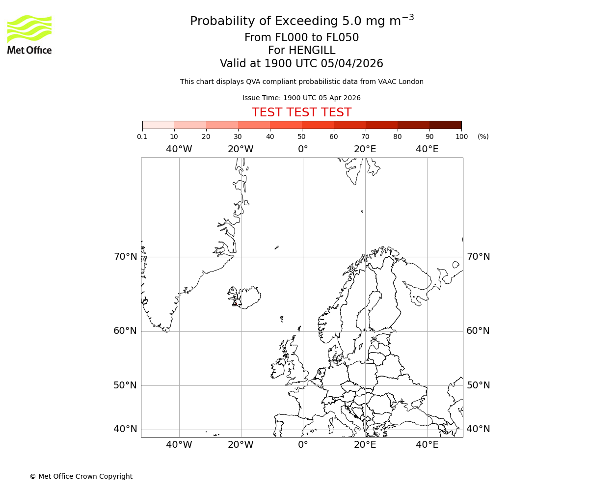 Probability of exceeding 5.0 milligrams per metre cubed. From 000 to 050 for HENGILL. Valid at 1900 UTC 05/04/2026