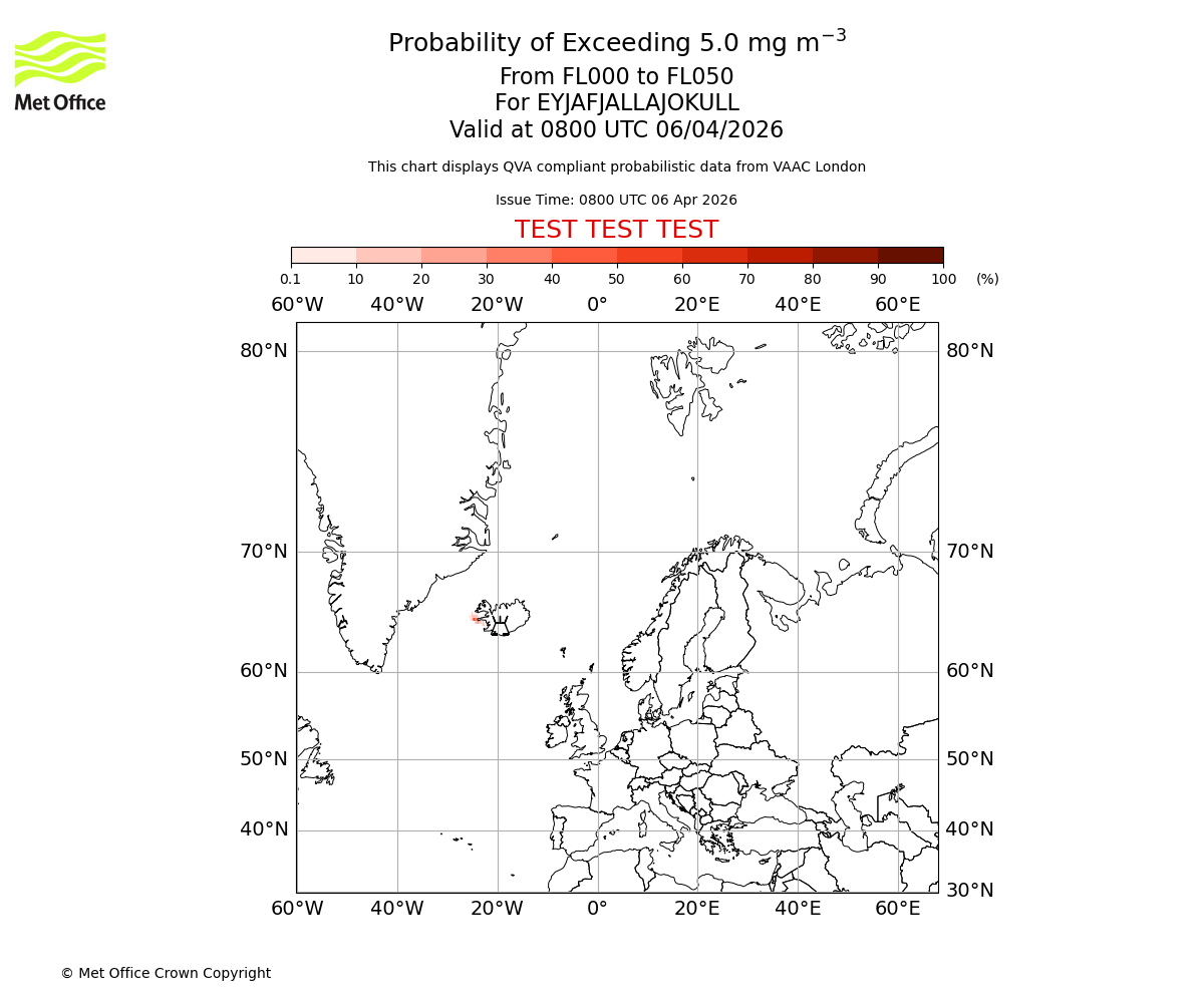 Probability of exceeding 5.0 milligrams per metre cubed. From 000 to 050 for EYJAFJALLAJOKULL. Valid at 0800 UTC 06/04/2026