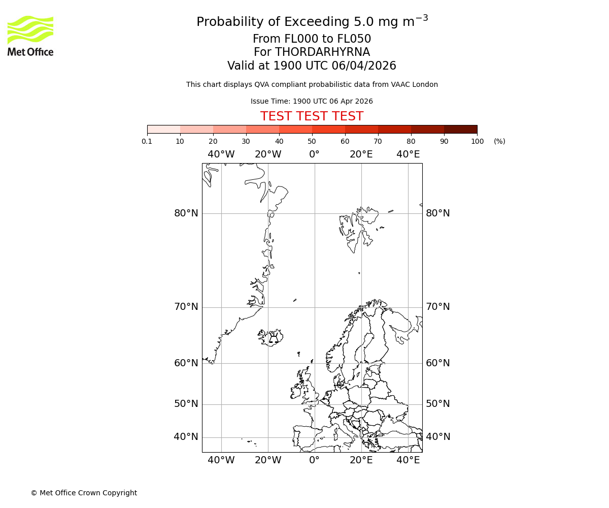 Probability of exceeding 5.0 milligrams per metre cubed. From 000 to 050 for THORDARHYRNA. Valid at 1900 UTC 06/04/2026